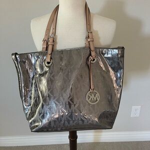 Michael Kors Metallic Silver Tote with Tan Handles
